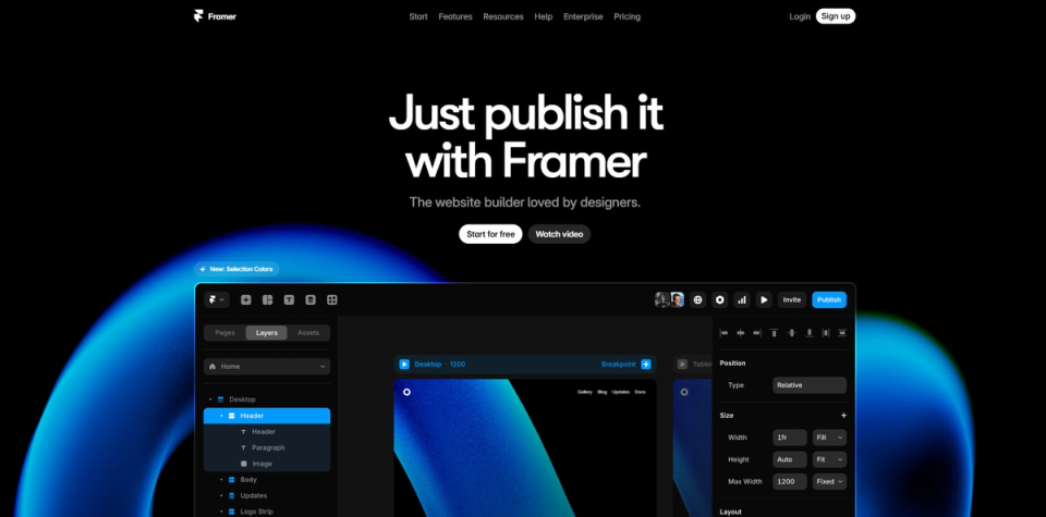 Framer homepage with the headline 'Just publish it with Framer' above a preview of the Framer editor