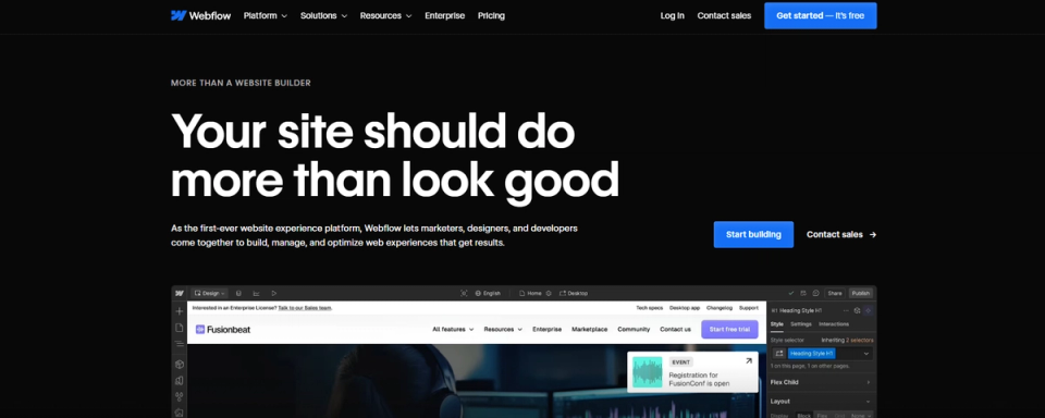 Webflow homepage with the headline 'Your site should do more than look good' above a preview of the Webflow Designer