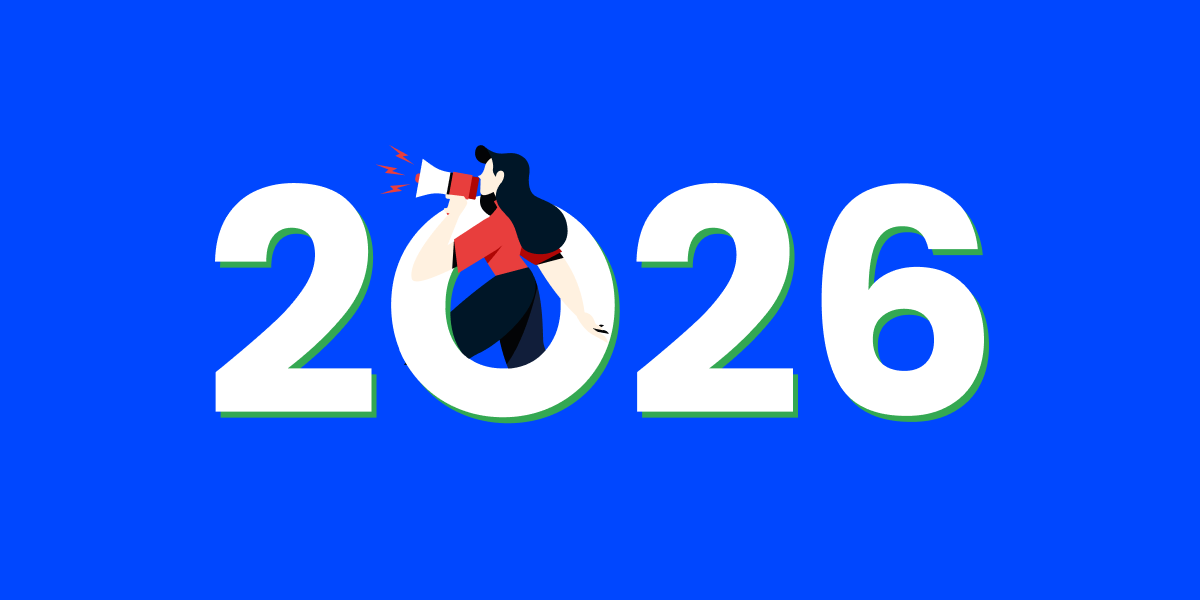 A woman shouting through a megaphone, standing inside the zero of a giant white 2026 on a bright blue background