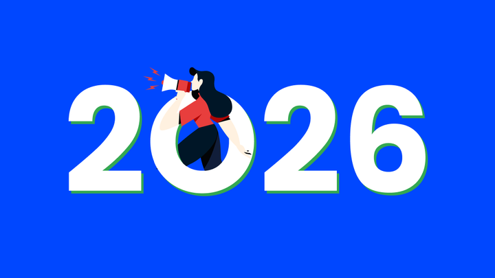A woman shouting through a megaphone, standing inside the zero of a giant white 2026 on a bright blue background