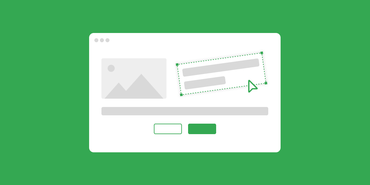 A simple website wireframe with an image block, text box and two buttons, being edited with a cursor, on green