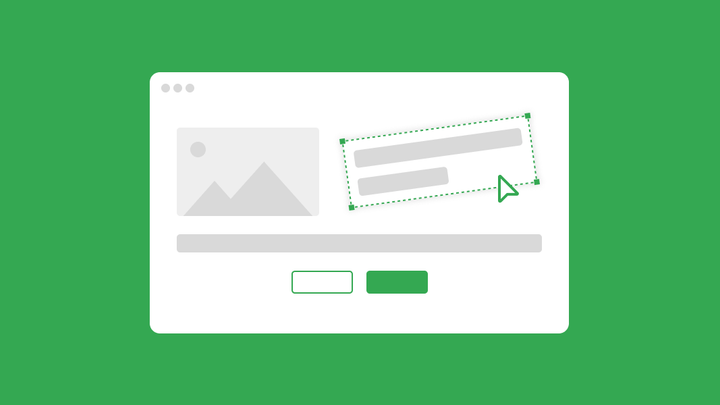 A simple website wireframe with an image block, text box and two buttons, being edited with a cursor, on green