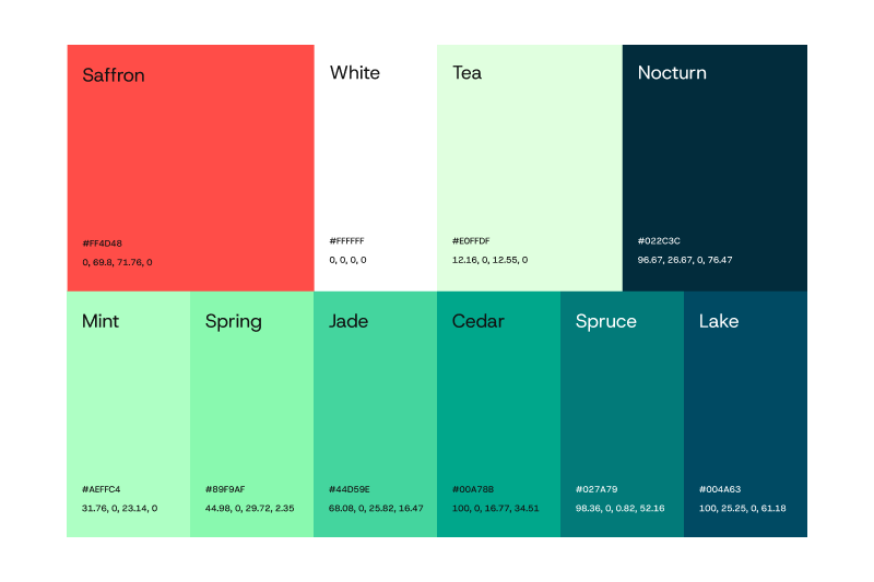 Nourri colour palette: Saffron red, White, Tea, Nocturn navy and a run of greens from Mint to Lake, with hex codes