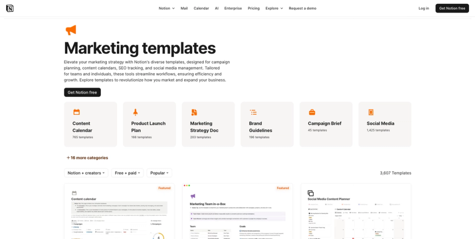 Notion's Marketing templates gallery, with categories like Content Calendar and Social Media and 3,607 templates