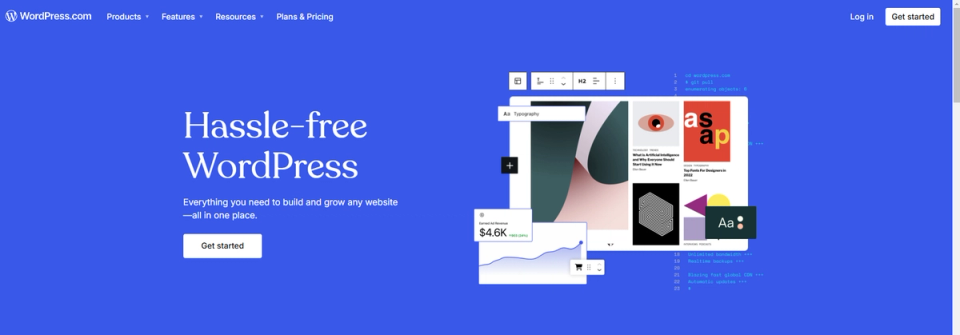WordPress.com homepage with the headline 'Hassle-free WordPress' and a preview of the site editor