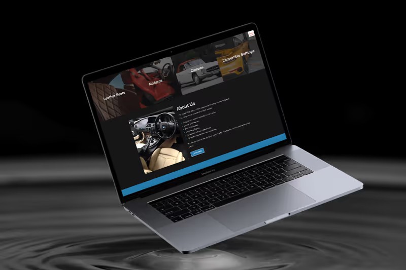 Car Interior Plus About Us section with leather seats, moderns, classics and soft tops categories, shown on a laptop