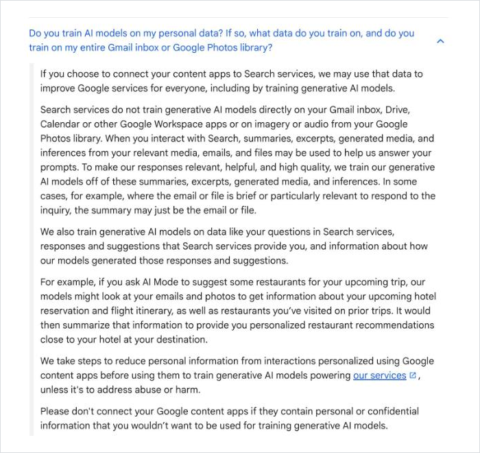 Google Search Help FAQ on AI model training