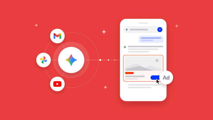Illustration of Gmail, Google Photos and YouTube icons connected to the Gemini icon, feeding into a Google AI Mode answer on a phone screen with a highlighted sponsored ad.