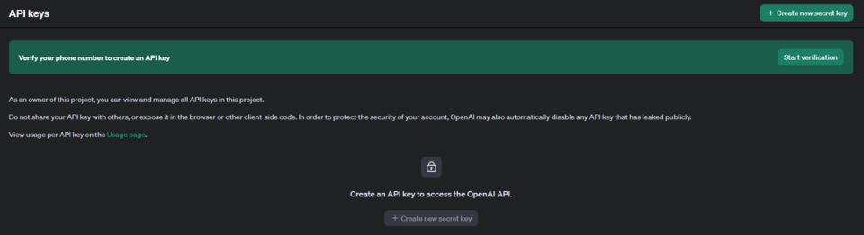 OpenAI API keys page with a prompt to verify your phone number and a Start verification button