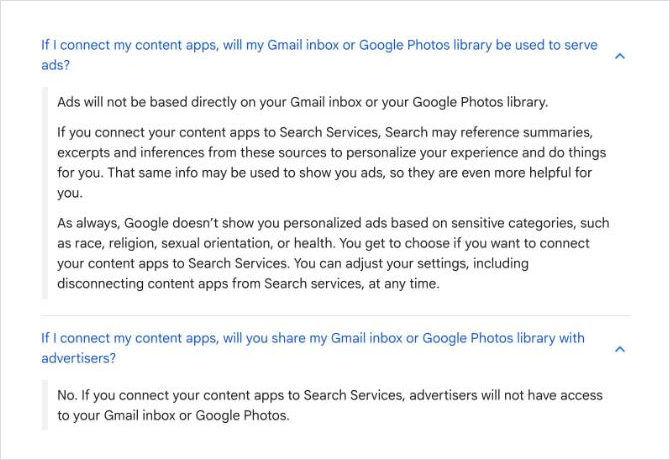 Google Search Help FAQ on ads and connected apps