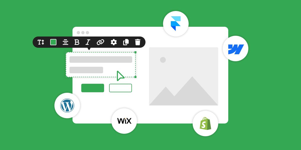 A website editor mock-up surrounded by the Framer, Webflow, WordPress, Wix and Shopify logos on a green background