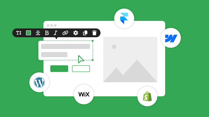 A website editor mock-up surrounded by the Framer, Webflow, WordPress, Wix and Shopify logos on a green background