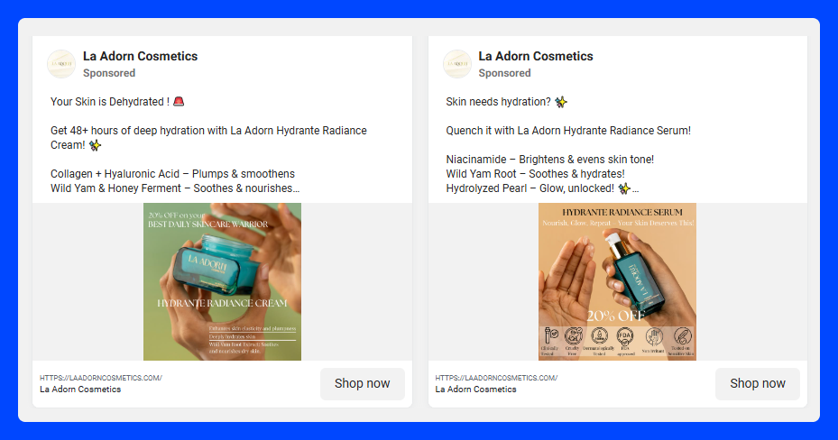 Two sponsored Facebook ads from La Adorn Cosmetics promoting a hydrating cream and a serum, each with a Shop now button