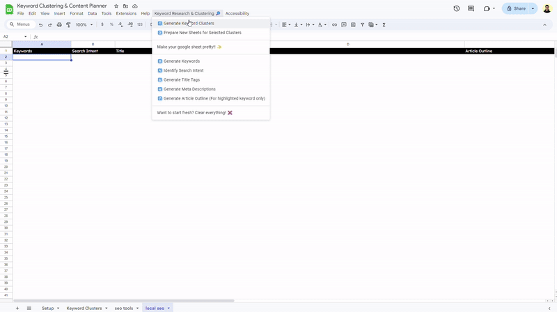 Screen recording: local seo tab filling with keywords, search intent, title tags and meta descriptions