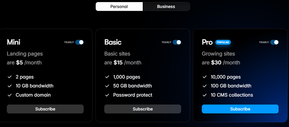 Framer Personal plans billed yearly: Mini $5/month, Basic $15/month and Pro $30/month, with page and bandwidth limits