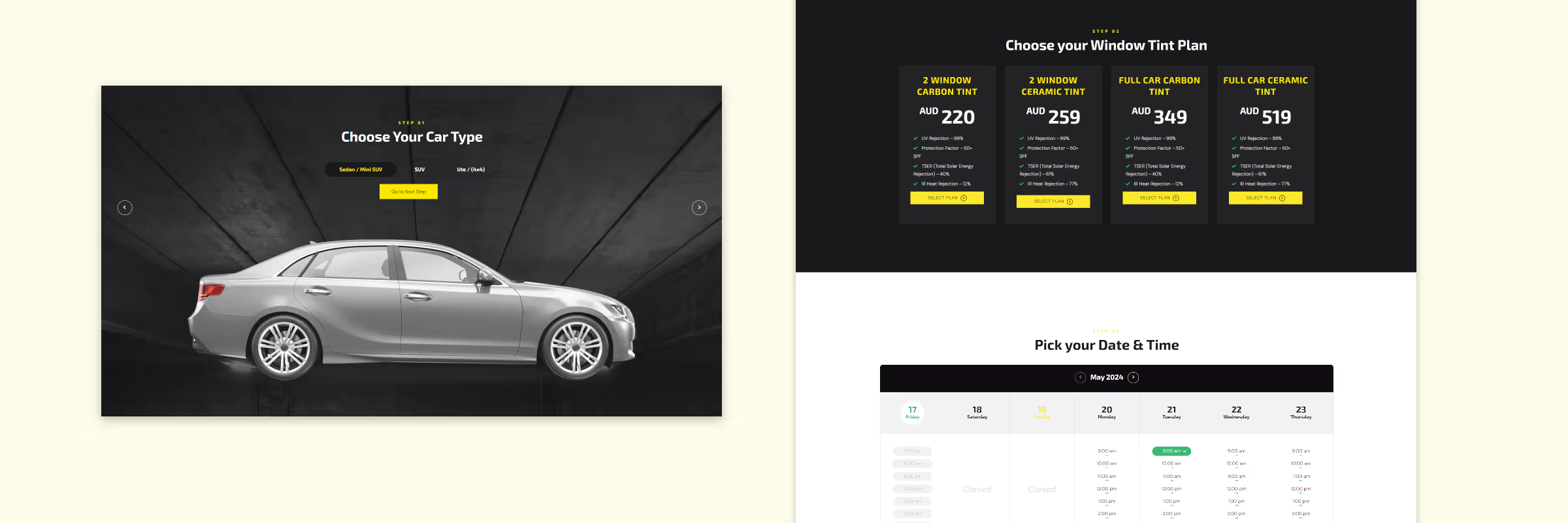 Honey's Auto Detailing booking flow: choose your car type, pick a window tint plan, then choose a date and time