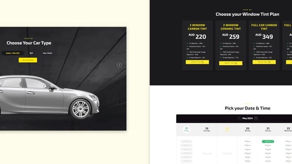 Honey's Auto Detailing booking flow: choose your car type, pick a window tint plan, then choose a date and time