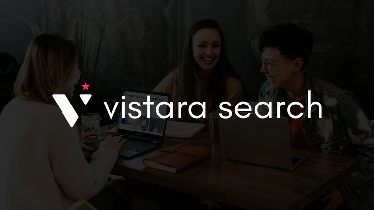 Vistara Search logo, a V, leadership figure and red star, with the white wordmark over a dark photo of three colleagues laughing around a table