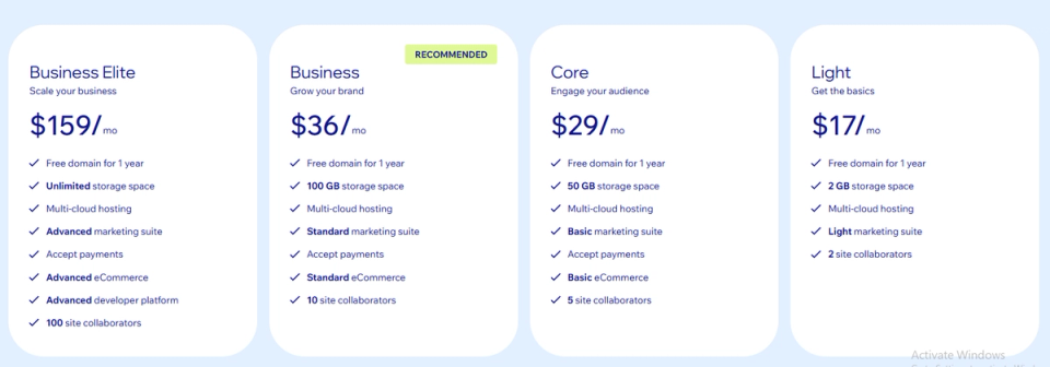Wix pricing cards: Business Elite $159/mo, Business $36/mo (recommended), Core $29/mo and Light $17/mo