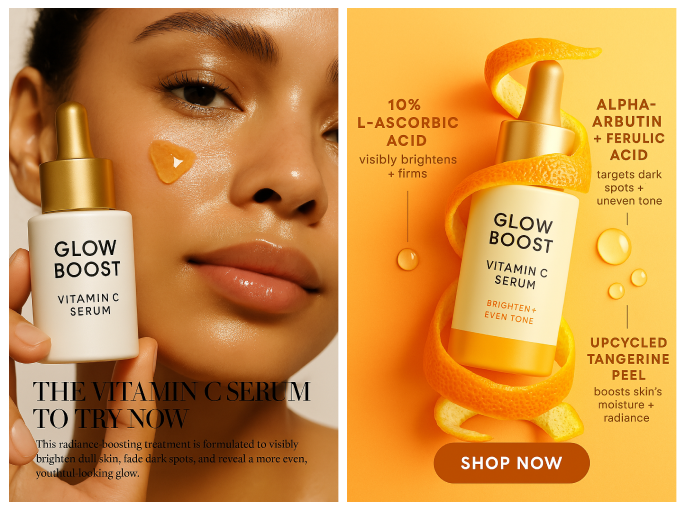 Two more AI-generated Glow Boost serum ad variants: a model holding the bottle, and the bottle wrapped in orange peel
