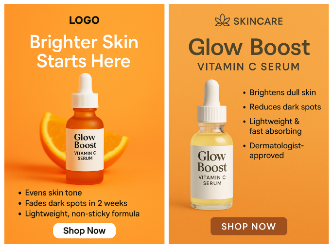 Two AI-generated Facebook ads for Glow Boost Vitamin C Serum on orange backgrounds, following the wireframe layout