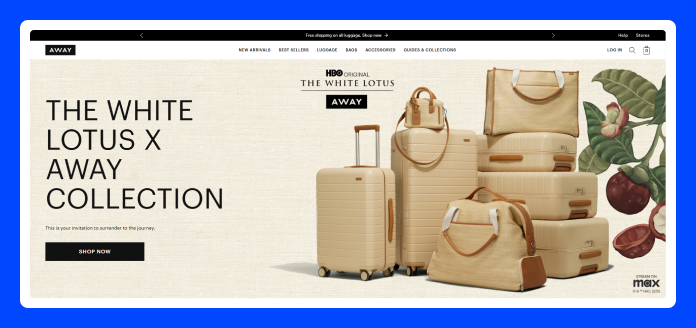 Away Travel homepage promoting The White Lotus x Away luggage collection with cream suitcases and bags