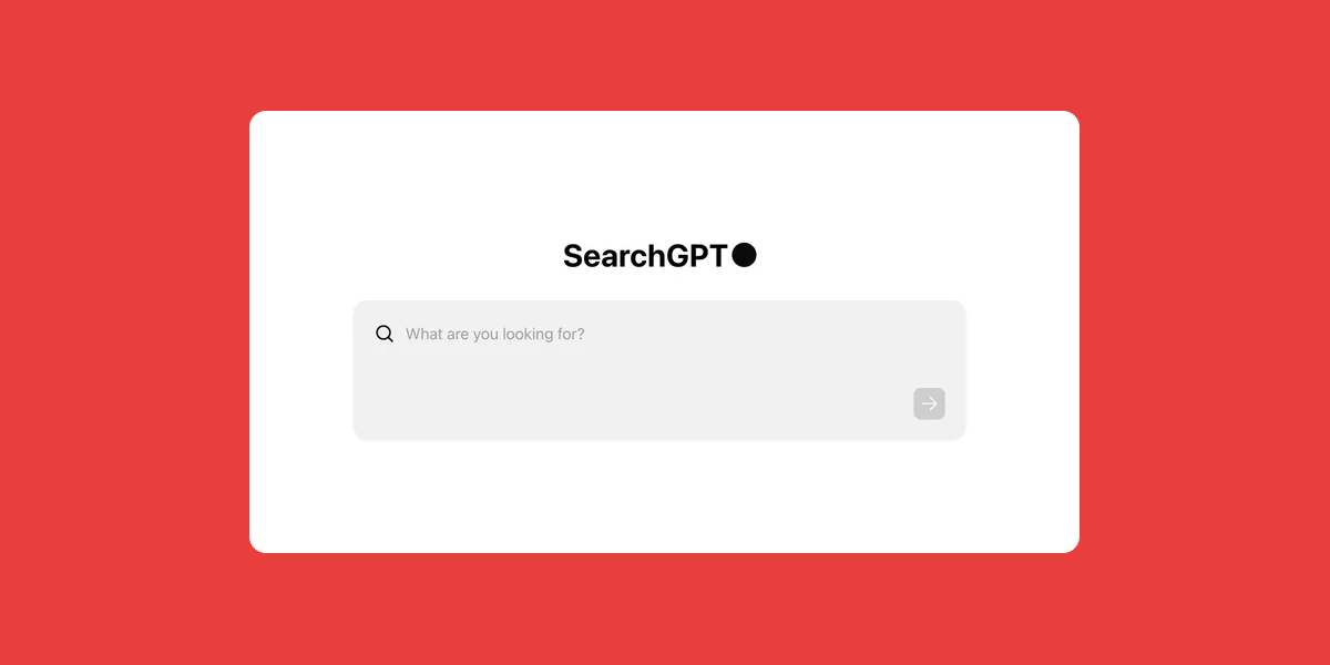 SearchGPT logo above an empty search box asking 'What are you looking for?' on a red background