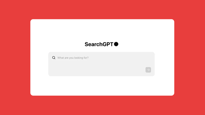 SearchGPT logo above an empty search box asking 'What are you looking for?' on a red background