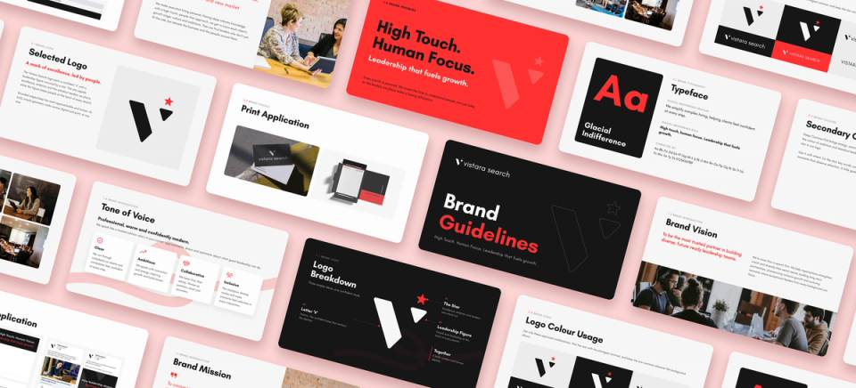 Vistara Search brand guidelines pages: logo breakdown, logo colour usage, the Glacial Indifference typeface, tone of voice and print applications