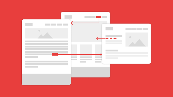 Three wireframe web pages joined by red arrows showing menu, breadcrumb and in-content internal links