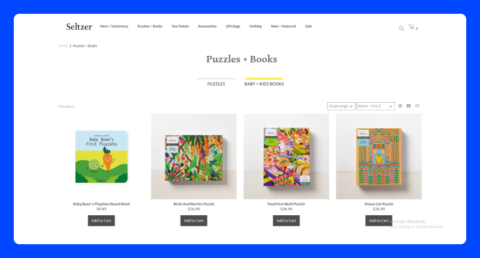 Seltzer Goods online store showing its Puzzles and Books range, with colourful jigsaw puzzles and a board book