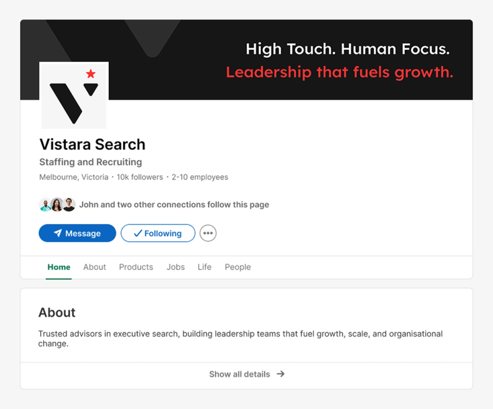 Vistara Search LinkedIn page with a black banner reading 'High Touch. Human Focus. Leadership that fuels growth.' and the star logomark as the profile image