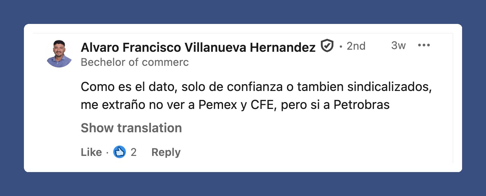 LinkedIn comment from Alvaro Francisco Villanueva Hernandez asking about Pemex and CFE missing from a workforce chart