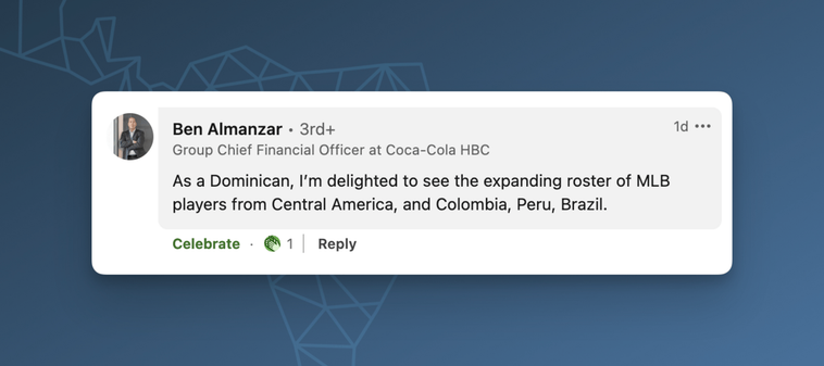 Screenshot of a LinkedIn post celebrating the rising number of Latin American players in the MLB | Sources: LinkedIn, Latinometrics