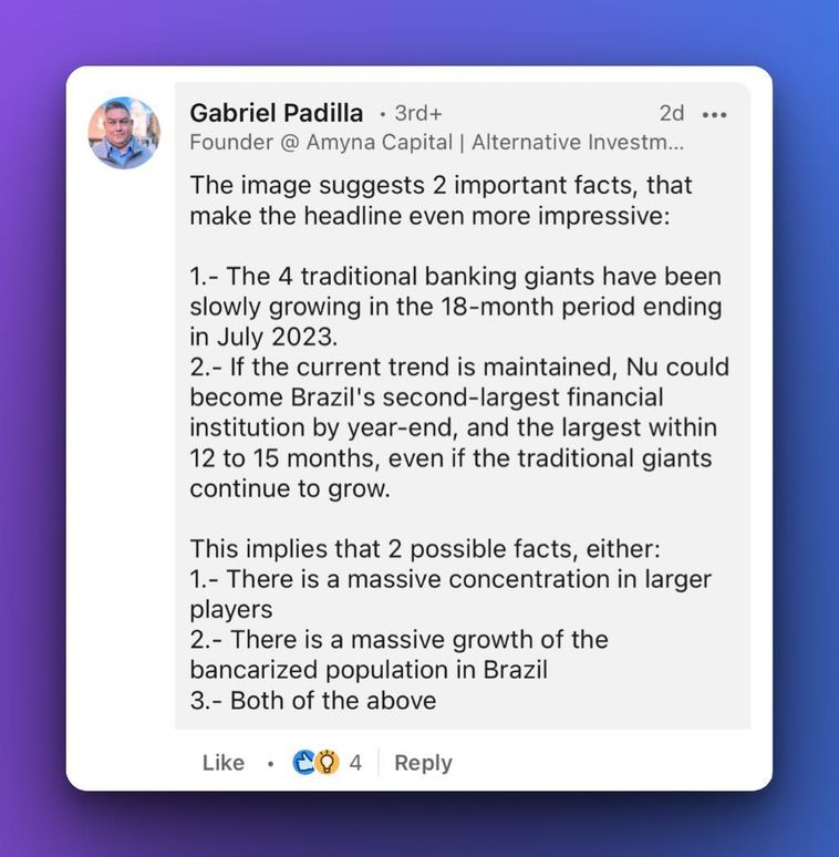 Social media post discussing financial institution growth, highlighting Nu's potential to become Brazil's largest financial institution | Sources: Latinometrics