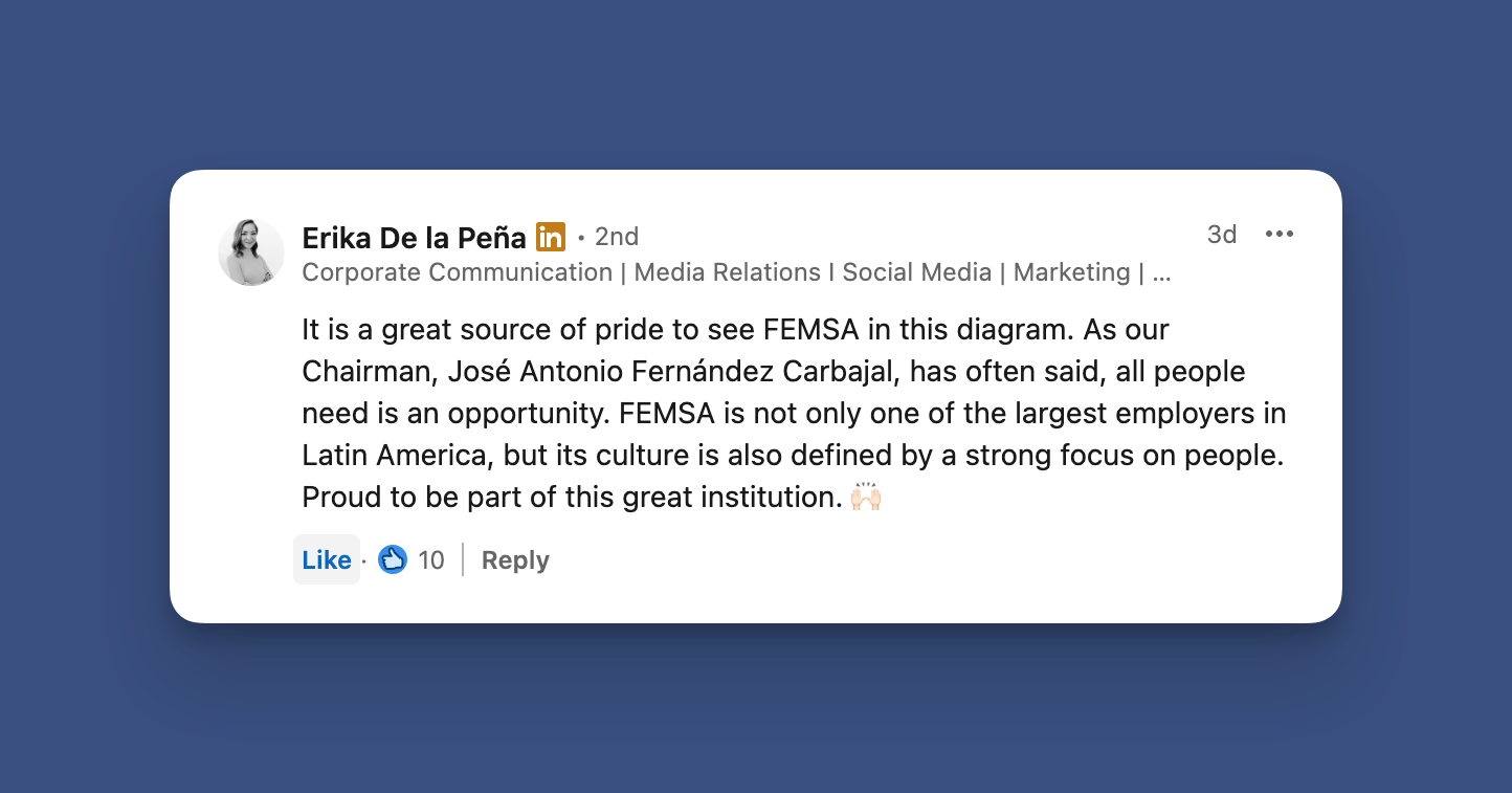 LinkedIn comment by Erika De la Peña expressing pride at seeing FEMSA featured in a Latinometrics diagram, quoting chairman José Antonio Fernández Carbajal saying all people need is an opportunity