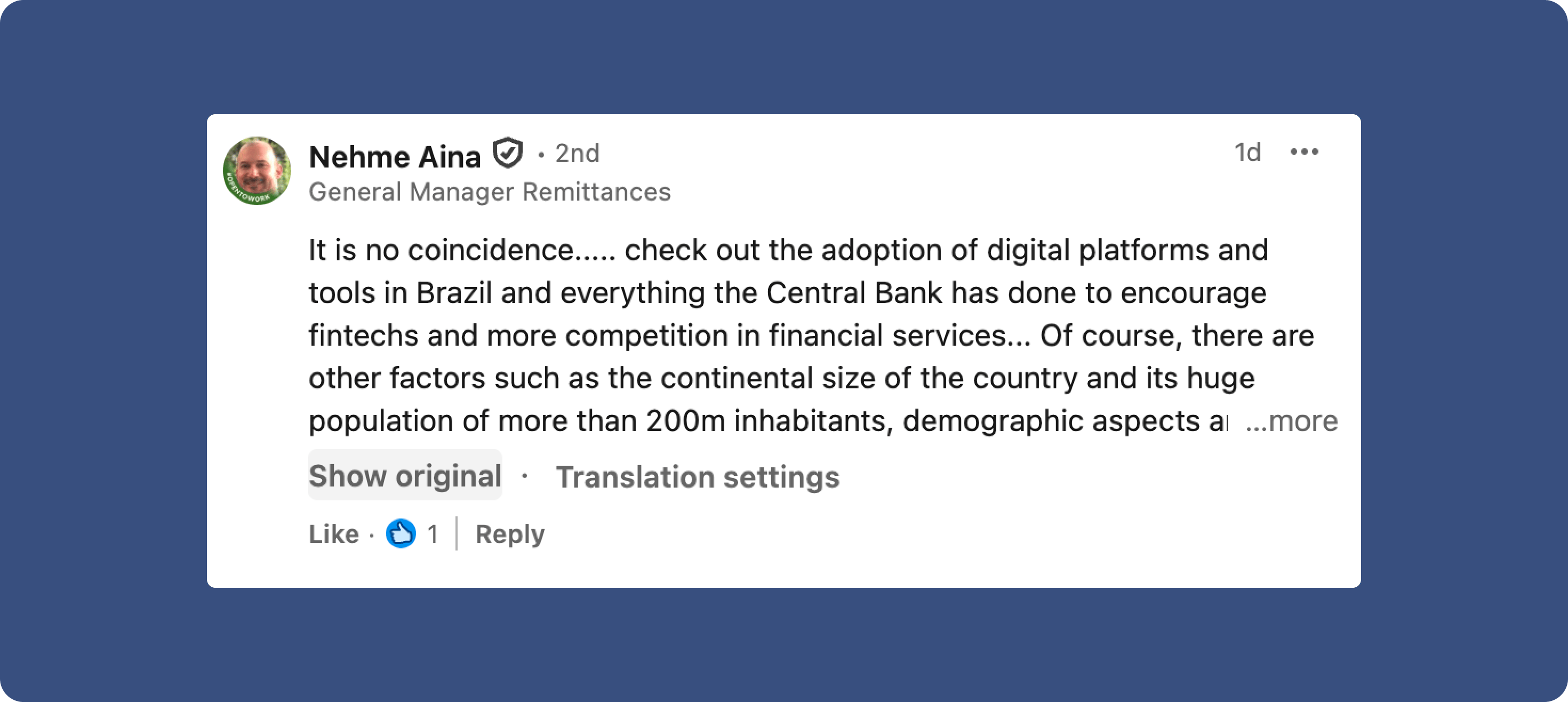 LinkedIn comment from Nehme Aina, General Manager Remittances, arguing that Brazil's VC dominance is no coincidence given its Central Bank's push to encourage fintechs and competition in financial services, plus the country's continental size and population of over 200 million