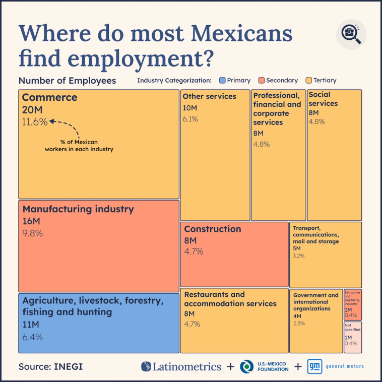 Treemap showing where most Mexicans find employment, with Commerce being the largest employer | Sources: INEGI, Latinometrics