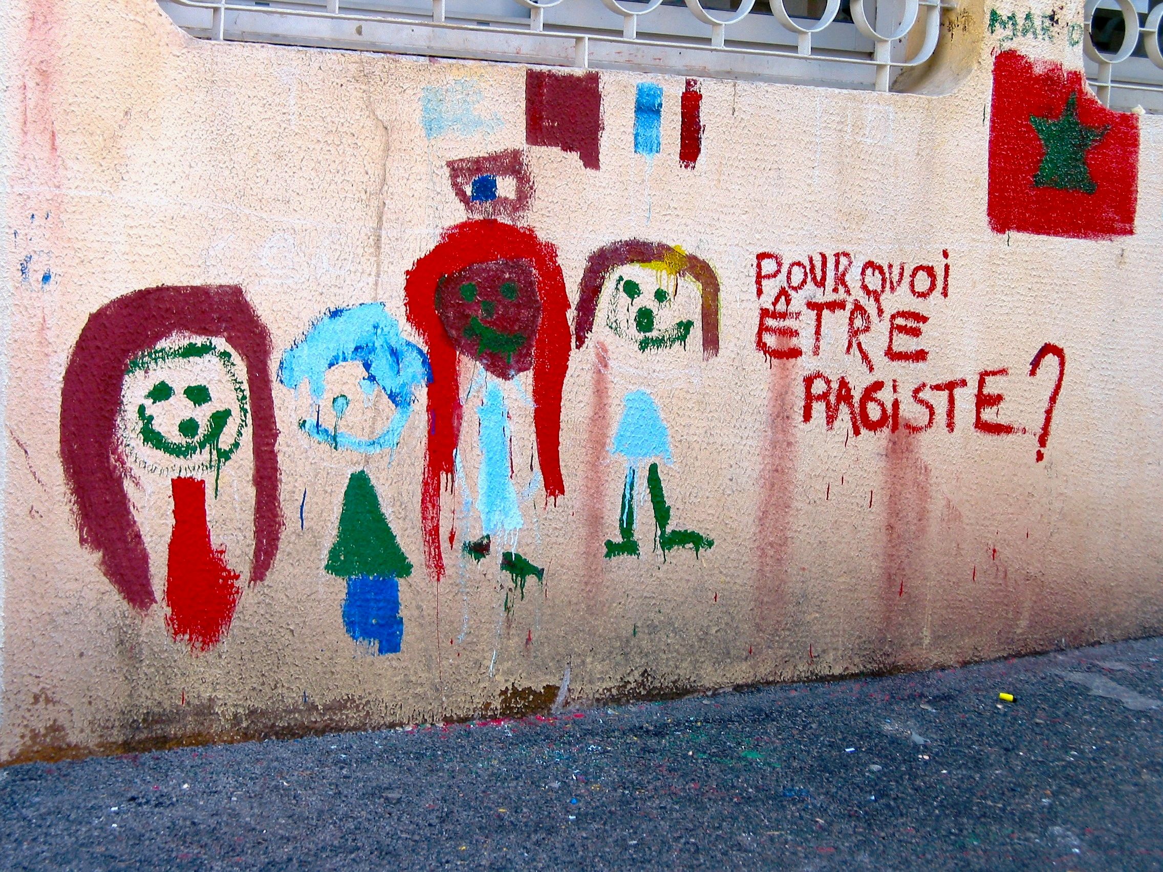 Bilde av graffiti på en vegg som sier "Hvorfor være rasistisk?" på fransk.