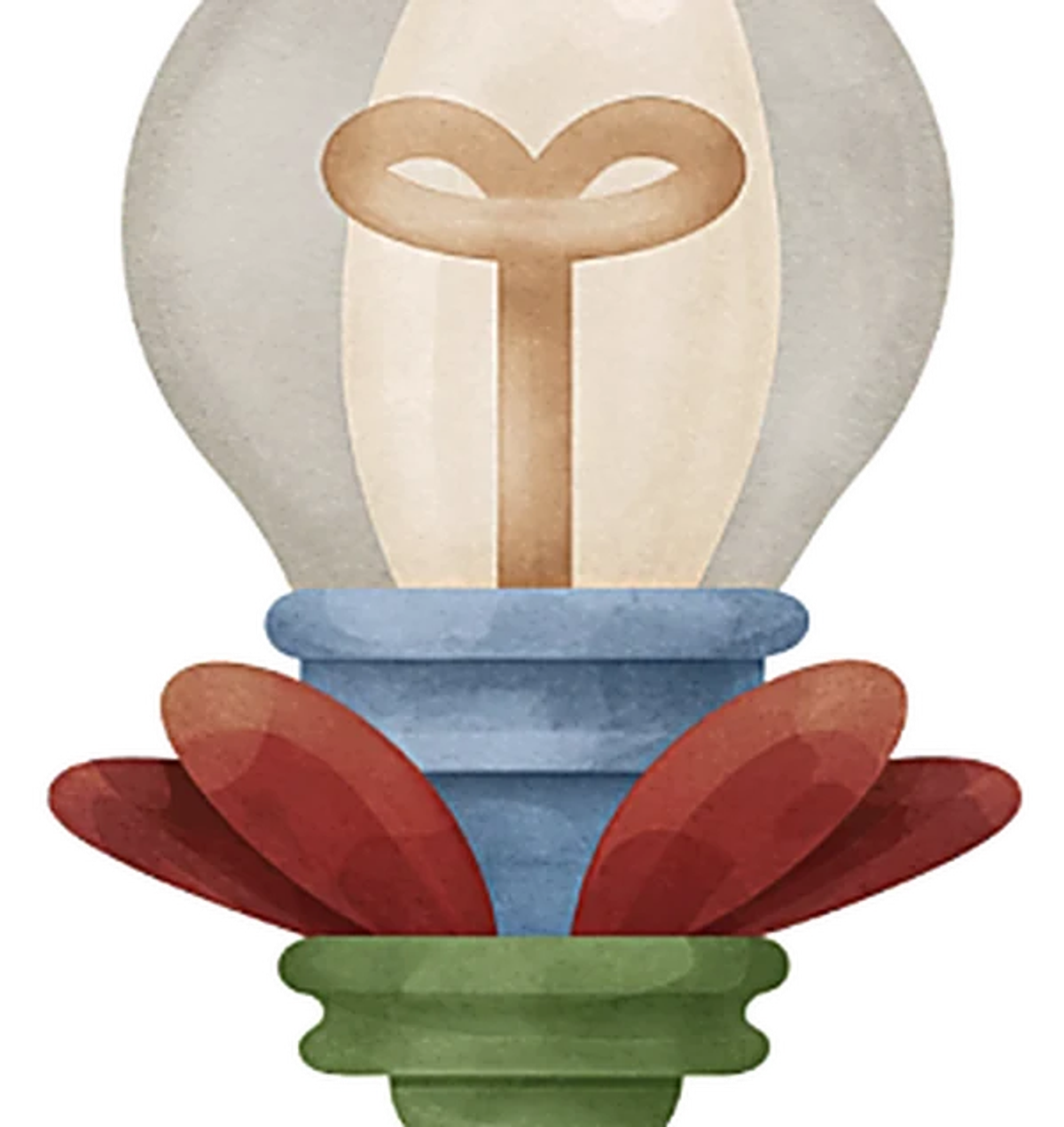 Watercolour illustration of a lightbulb resting on layered red and green petals.