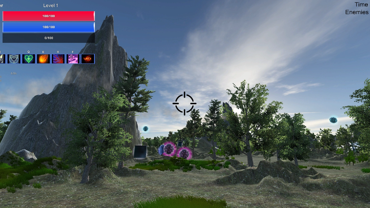 GeoWorld gameplay screenshot: skill hotbar (M1, M2, Q, E, R), health/mana/XP bars, crosshair on a glowing orb, outdoor terrain with trees and mountains.