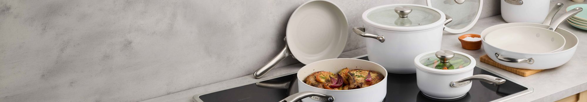 White Circulon Ceramic cookware set on an induction cooktop