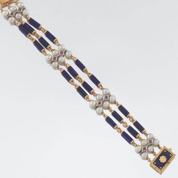 Gold, Pearl, Enamel and Ruby Bracelet 7-¼" x ¾"
