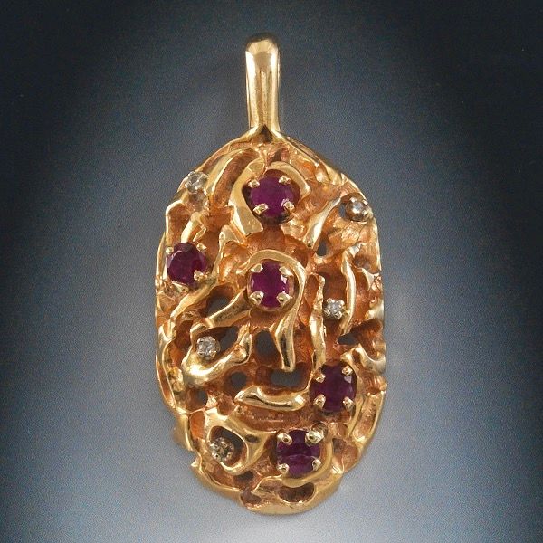 Mid-Century Modern Nugget Gold, Ruby, and Diamond Pendant