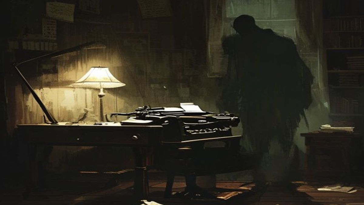 Una máquina de escribir en un estudio a oscuras, con una figura doble y sombría acechando detrás de la silla vacía del escritor