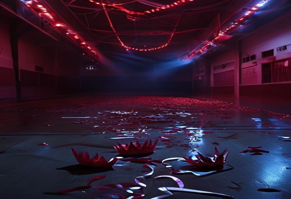 Gimnasio escolar vacío decorado para un baile de graduación, con una corona caída y luz roja sobre el piso