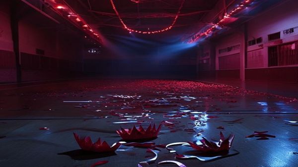 Gimnasio escolar vacío decorado para un baile de graduación, con una corona caída y luz roja sobre el piso