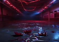 Gimnasio escolar vacío decorado para un baile de graduación, con una corona caída y luz roja sobre el piso