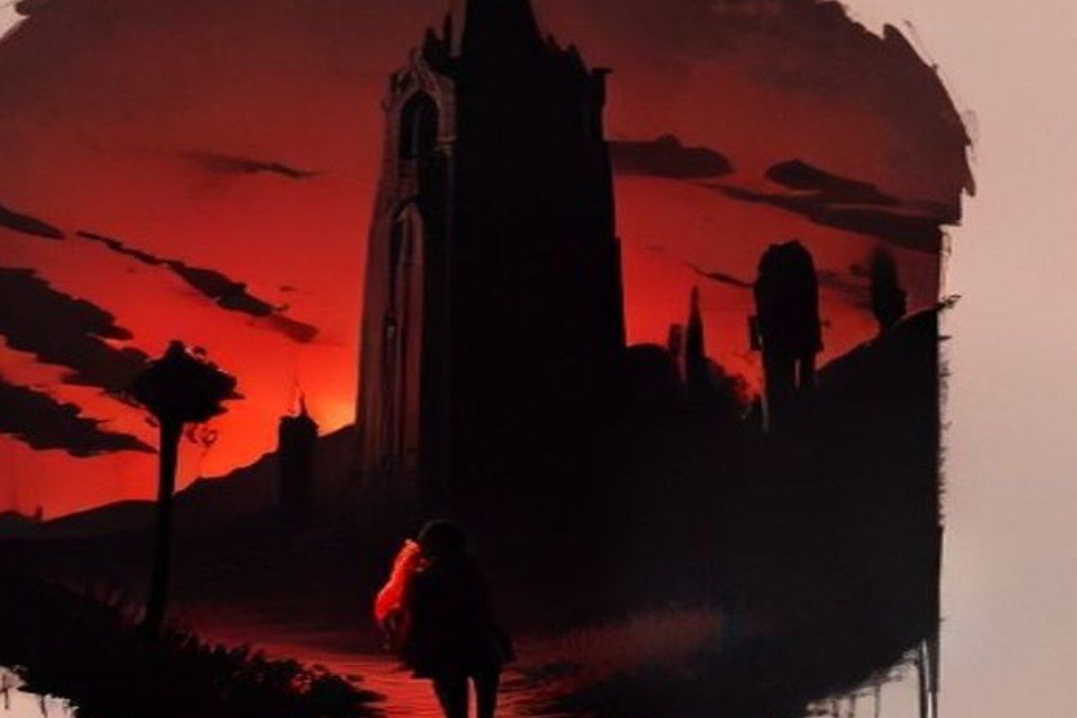 Un niño camina por una carretera costera desolada al atardecer, con un reino de fantasía medieval brillando en el horizonte entre dos mundos