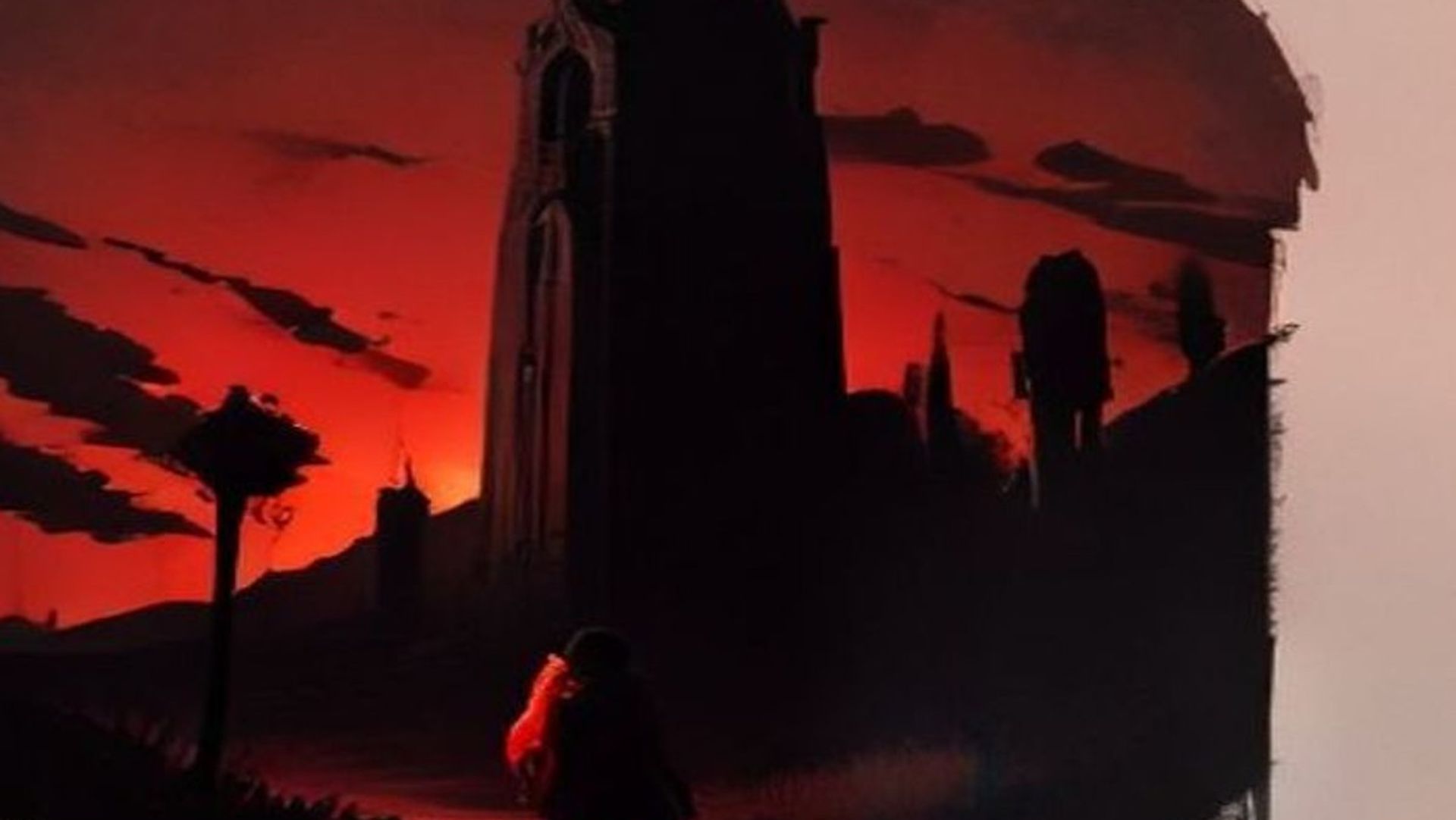 Un niño camina por una carretera costera desolada al atardecer, con un reino de fantasía medieval brillando en el horizonte entre dos mundos